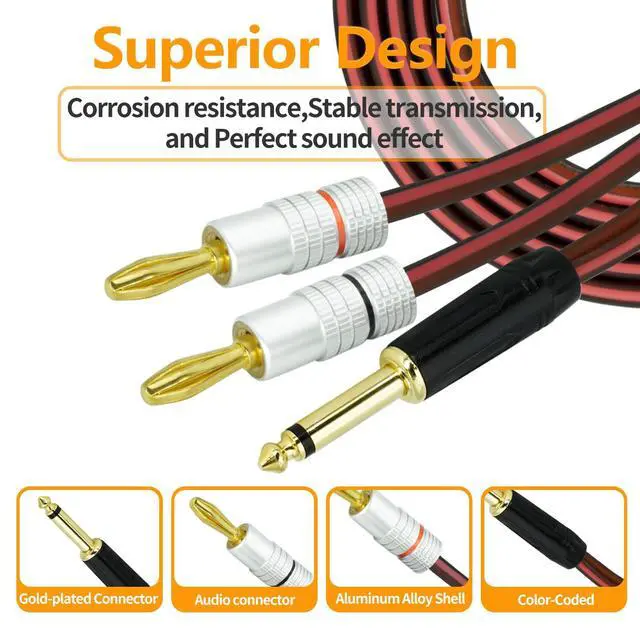 Alt view image 3 of 6 - 2Pack Gold-Plated 1/4" TS Mono to Banana Plug Speaker Cable - 14AWG OFC Copper Audio Cable for Guitar, Mic & DJ Equipment, Dual PVC Shielded, Hi-Fi Sound 6.5FT
