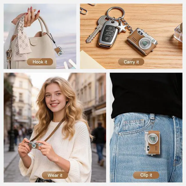 Alt view image 7 of 7 - Mini Keychain Digital Camera, 18g Ultra-Light Portable Small Camera with 32GB Card, 1080P HD Video & 2MP Photo, Pocket Camera with Flash & Filters for Travel, Party, Creative Gift (Brown)