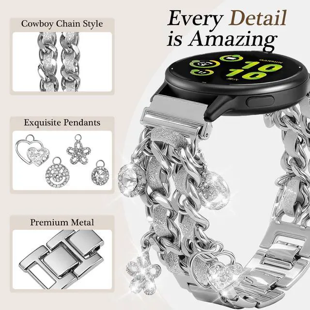 Alt view image 2 of 7 - 20mm Stylish Metal Band Compatible with Garmin Vivoactive 5 / Vivoactive 3,Flower Pretty Chain Strap Compatible with Garmin Venu Sq/Venu Sq 2/Venu 2 Plus/Venu for Women