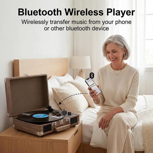 Alt view image 2 of 6 - Record Player with Built-in Speakers, Vintage Bluetooth Turntable 3 Speed Suitcase Vinyl Record Player with Bluetooth Input, Bass & Treble Control, Auto Stop, AUX in, RCA Out, Headphone Jack Walnut