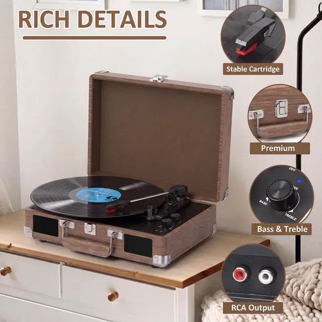 Alt view image 4 of 6 - Record Player with Built-in Speakers, Vintage Bluetooth Turntable 3 Speed Suitcase Vinyl Record Player with Bluetooth Input, Bass & Treble Control, Auto Stop, AUX in, RCA Out, Headphone Jack Walnut