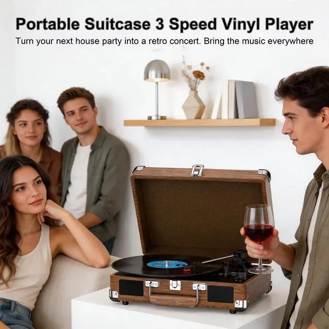 Alt view image 3 of 6 - Record Player with Built-in Speakers, Vintage Bluetooth Turntable 3 Speed Suitcase Vinyl Record Player with Bluetooth Input, Bass & Treble Control, Auto Stop, AUX in, RCA Out, Headphone Jack Walnut