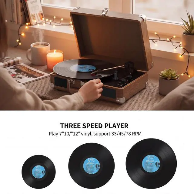Alt view image 5 of 6 - Record Player with Built-in Speakers, Vintage Bluetooth Turntable 3 Speed Suitcase Vinyl Record Player with Bluetooth Input, Bass & Treble Control, Auto Stop, AUX in, RCA Out, Headphone Jack Walnut