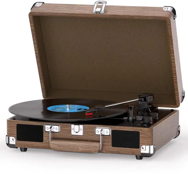 Main image of Record Player with Built-in Speakers, Vintage Bluetooth Turntable 3 Speed Suitcase Vinyl Record Player with Bluetooth Input, Bass & Treble Control, Auto Stop, AUX in, RCA Out, Headphone Jack Walnut
