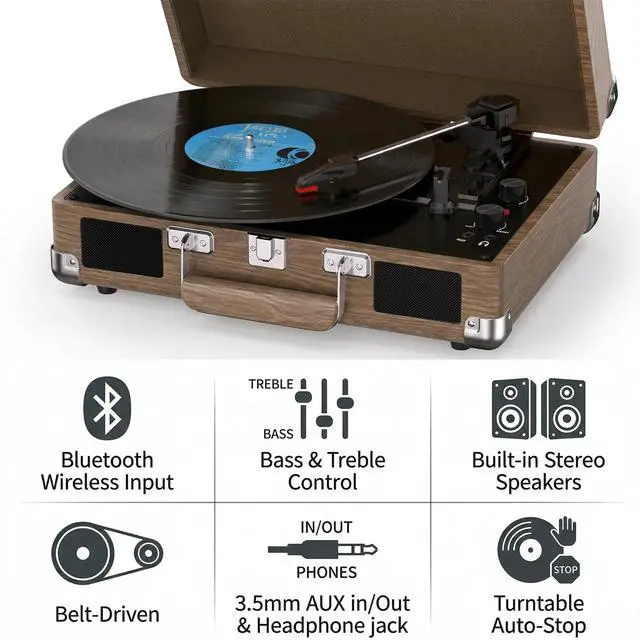 Alt view image 6 of 6 - Record Player with Built-in Speakers, Vintage Bluetooth Turntable 3 Speed Suitcase Vinyl Record Player with Bluetooth Input, Bass & Treble Control, Auto Stop, AUX in, RCA Out, Headphone Jack Walnut