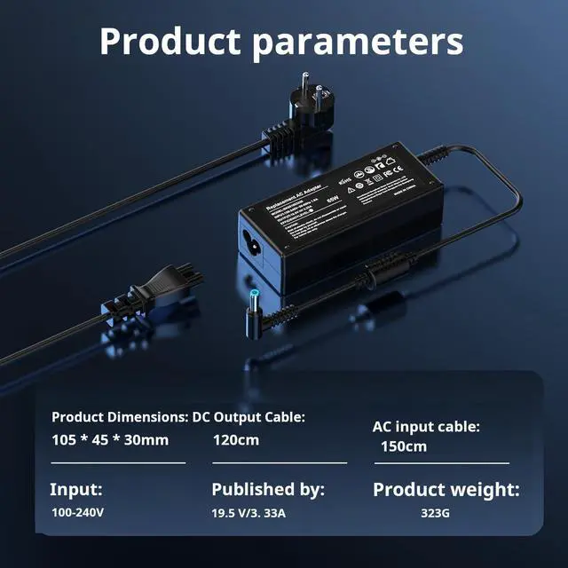 Alt view image 5 of 7 - 65W Laptop Charger Blue Tip Compatible with HP Pavilion x360 14 15 17, Envy x360 13 15 17, Elitebook 840 G5, Zbook 14u G4 G5 15u 15 G3 Notebook PC AC Adapter Power Supply Cord