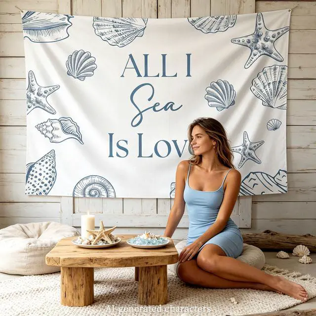 Alt view image 5 of 7 - All I Sea is Love Backdrop Banner Beach Seashell Bridal Shower Decorations | Beach Wedding Decorations Coastal Bachelorette Party Supplies for Surf Summer Seaside Engagement Wedding Party 5x3ft