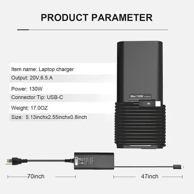 Alt view image 3 of 5 - 130W USB C Laptop Charger Compatible with Dell XPS 15 9500 9510 9520 9530 | XPS 17 9700 9710 9720 9730, Precision 5550 5560 5570 5750 5760 5770, Latitude 7310 7410 9410 9510, Type C AC Adapter