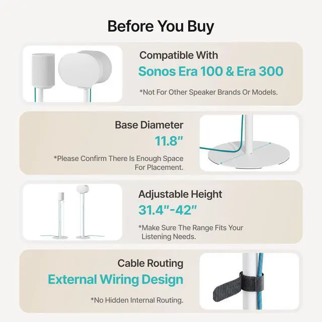 Alt view image 5 of 6 - Speaker Stands Pair for Sonos Era 100, 100 SL, 300, External Cable, White | 31.4"42" lockable height, Only compatible with Sonos Era Series,External cable management with securing straps