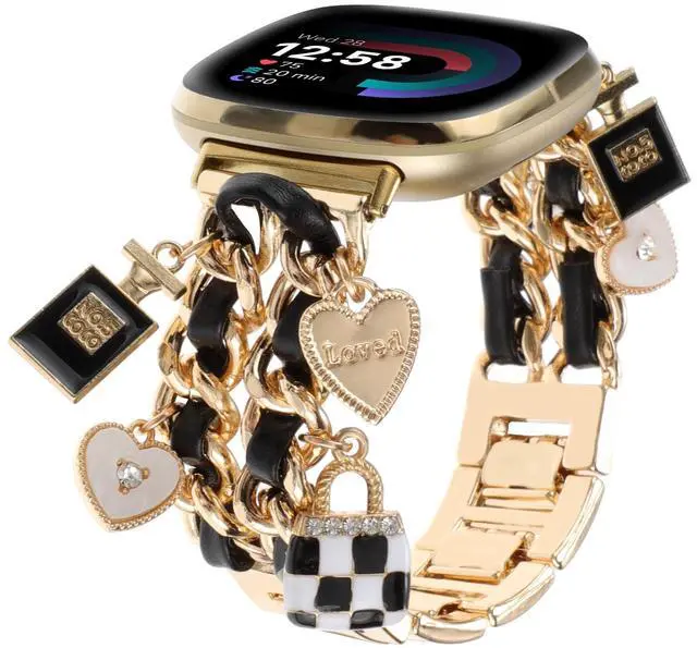 Main image of Stylish Metal Wristband Compatible with Fitbit Versa 4/Versa 3 Bands/Sense 2/Sense Band,Cute Strap with Love Cross Unique Pendants Chain Charms Bracelet for Women