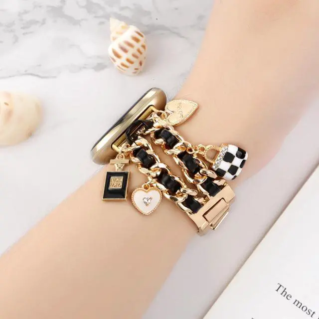Alt view image 4 of 7 - Stylish Metal Wristband Compatible with Fitbit Versa 4/Versa 3 Bands/Sense 2/Sense Band,Cute Strap with Love Cross Unique Pendants Chain Charms Bracelet for Women