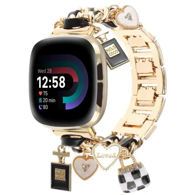 Alt view image 5 of 7 - Stylish Metal Wristband Compatible with Fitbit Versa 4/Versa 3 Bands/Sense 2/Sense Band,Cute Strap with Love Cross Unique Pendants Chain Charms Bracelet for Women
