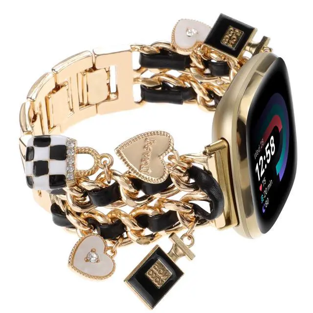Alt view image 2 of 7 - Stylish Metal Wristband Compatible with Fitbit Versa 4/Versa 3 Bands/Sense 2/Sense Band,Cute Strap with Love Cross Unique Pendants Chain Charms Bracelet for Women