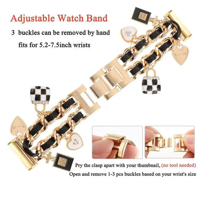 Alt view image 3 of 7 - Stylish Metal Wristband Compatible with Fitbit Versa 4/Versa 3 Bands/Sense 2/Sense Band,Cute Strap with Love Cross Unique Pendants Chain Charms Bracelet for Women
