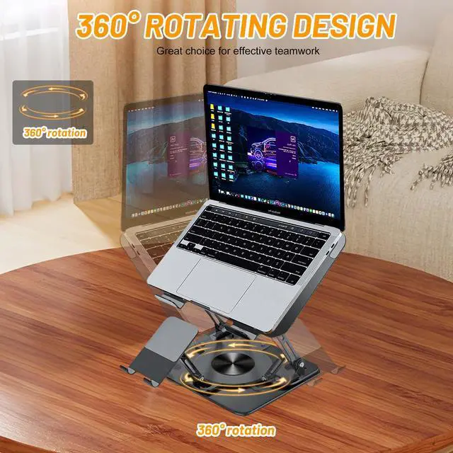 Alt view image 4 of 6 - Laptop Stand with 360 Rotating Base,2-in-1 Computer Stand with Phone Holder | Ergonomic Adjustable Laptop Riser for Desk with All Laptops and Phones, Foldable Laptop Holder for Office, Home, School
