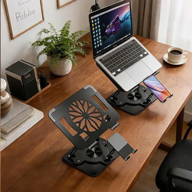Alt view image 5 of 6 - Laptop Stand with 360 Rotating Base,2-in-1 Computer Stand with Phone Holder | Ergonomic Adjustable Laptop Riser for Desk with All Laptops and Phones, Foldable Laptop Holder for Office, Home, School
