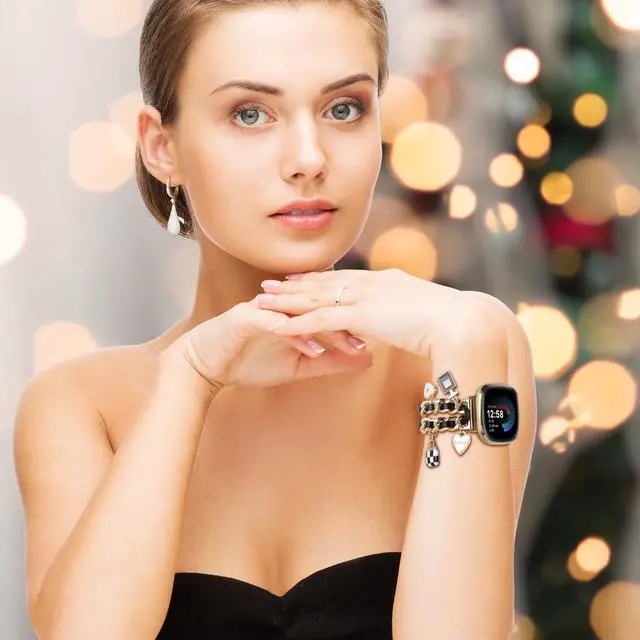 Alt view image 7 of 7 - Stylish Metal Wristband Compatible with Fitbit Versa 4/Versa 3 Bands/Sense 2/Sense Band,Cute Strap with Love Cross Unique Pendants Chain Charms Bracelet for Women