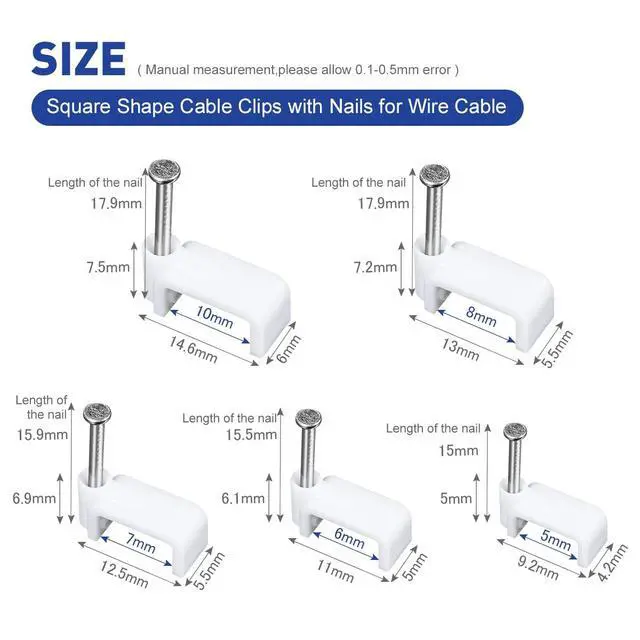 Alt view image 3 of 5 - 230Pcs Cable Clips with Nails, Square Shape Wire Tacks for Cable Management, 5mm 6mm 7mm 8mm 10mm Ethernet Coaxial TV Telephone Printer Cord Holder, White Cable Staples for Wall Wood Plaster