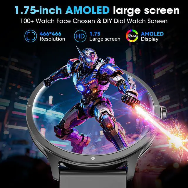Alt view image 4 of 4 - Smart Watches for Women Men, 1.75" AMOLED Smart Watch with Bluetooth Calling, Fitness Tracker with Heart Rate Sleep Monitor, IP68 Waterproof, 100+ Sports Modes, Compatible with iPhone Android