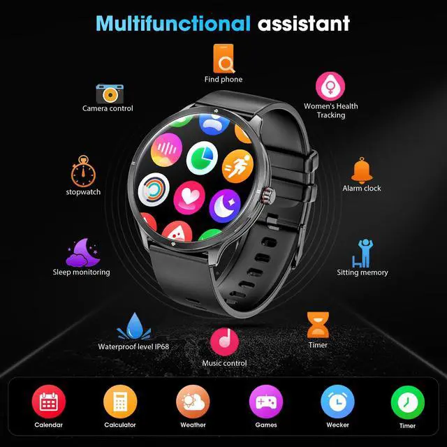Alt view image 3 of 4 - Smart Watches for Women Men, 1.75" AMOLED Smart Watch with Bluetooth Calling, Fitness Tracker with Heart Rate Sleep Monitor, IP68 Waterproof, 100+ Sports Modes, Compatible with iPhone Android