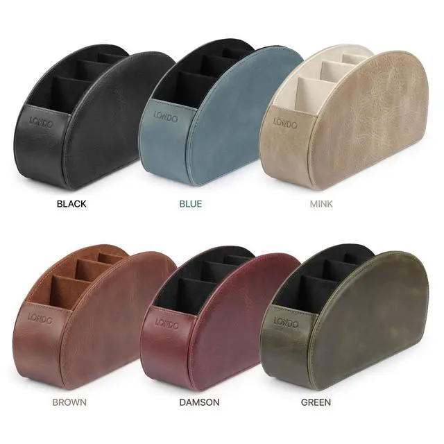 Main image of Remote Control Holder with 5 Pockets - Store DVD, Blu-Ray, TV, Roku or Apple TV Remotes - Real Leather with Suede Lining - Slim, Compact Living or Bedroom Storage