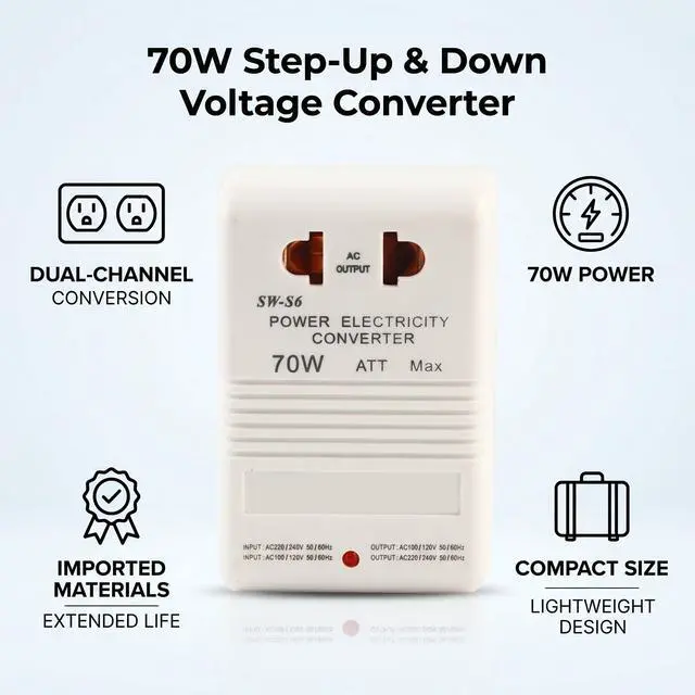Alt view image 3 of 6 - Step Up Down Voltage Converter 70W, CN Plug 110V to 220V Travel | Portable ABS transformer, dual channel bidirectional conversion, ideal for 30W small appliances, lightweight compact design