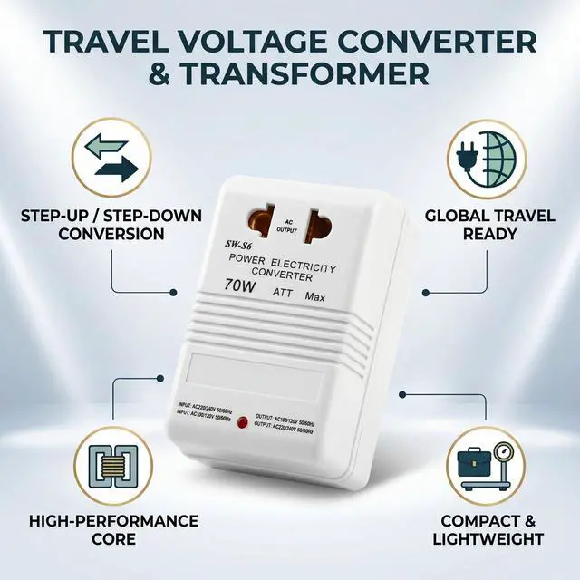 Alt view image 2 of 6 - Step Up Down Voltage Converter 70W, CN Plug 110V to 220V Travel | Portable ABS transformer, dual channel bidirectional conversion, ideal for 30W small appliances, lightweight compact design