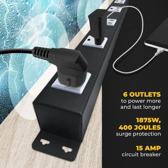 Alt view image 3 of 5 - 6 Outlets 3 Feet Power Cord 2 Feet Body OT2063 Heavy Duty Metal Surge Protector Power Strip with Mounting Parts - Free End Caps for Shipping Protection Only Black