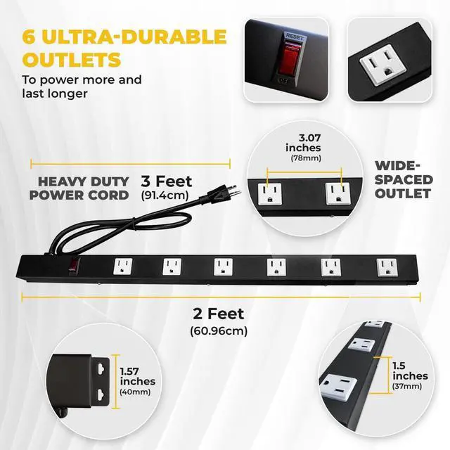 Main image of 6 Outlets 3 Feet Power Cord 2 Feet Body OT2063 Heavy Duty Metal Surge Protector Power Strip with Mounting Parts - Free End Caps for Shipping Protection Only Black