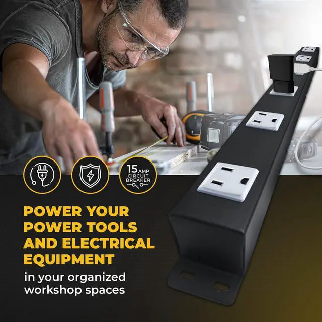 Alt view image 4 of 5 - 6 Outlets 3 Feet Power Cord 2 Feet Body OT2063 Heavy Duty Metal Surge Protector Power Strip with Mounting Parts - Free End Caps for Shipping Protection Only Black