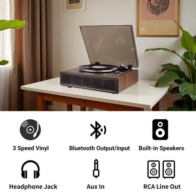 Alt view image 2 of 6 - Vinyl Record Player with Bluetooth Input and Output, 3Speed Turntable with Builtin Speakers, RCA and AUX Connections, Retro Design for Home Audio