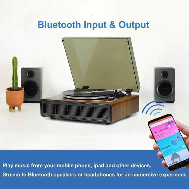 Alt view image 3 of 6 - Vinyl Record Player with Bluetooth Input and Output, 3Speed Turntable with Builtin Speakers, RCA and AUX Connections, Retro Design for Home Audio