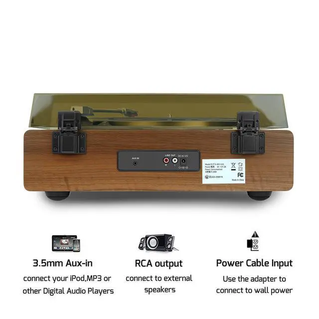 Alt view image 5 of 6 - Vinyl Record Player with Bluetooth Input and Output, 3Speed Turntable with Builtin Speakers, RCA and AUX Connections, Retro Design for Home Audio