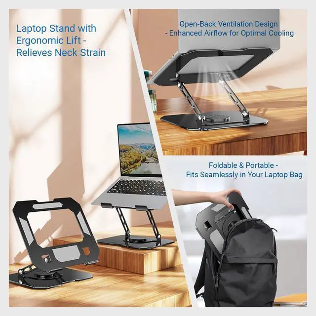 Alt view image 5 of 7 - 360° Rotating Laptop Stand for Desk, Heavy Duty Solid Steel Ergonomic Laptop Riser, Foldable Portable Computer Holder, Stable Adjustable Stand Compatible with MacBook Air/Pro 10-16 Inch Laptops
