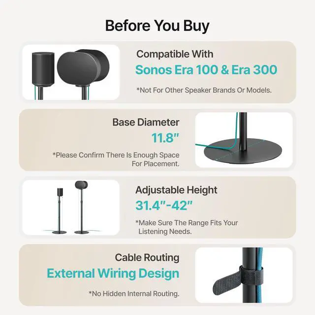 Alt view image 4 of 6 - Speaker Stands Pair for Sonos Era 100, 100 SL, 300, External Cable, Black | Only compatible with Sonos Era Series. External cable management with securing straps. 31.4"42" lockable height