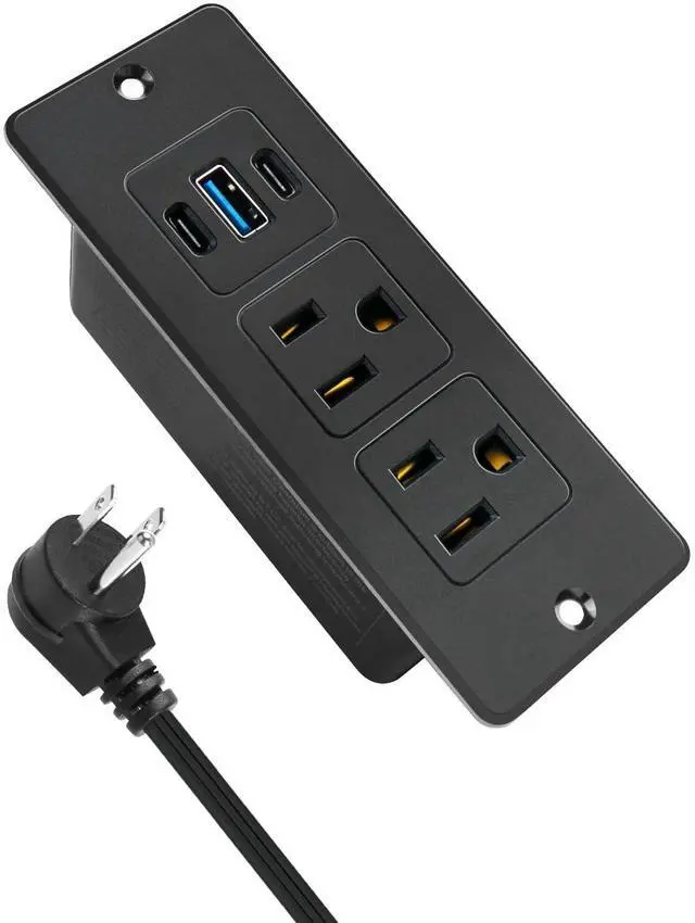 Main image of USB C Recessed Power Strip Fast Charge 20W 2 Outlets 3 USB Ports ETL | Mountable Furniture Charging Station 2 USB-C & 1 USB-A Flat Plug 6.56Ft Extension Cord For Desk Table Cabinet Counter Drawer