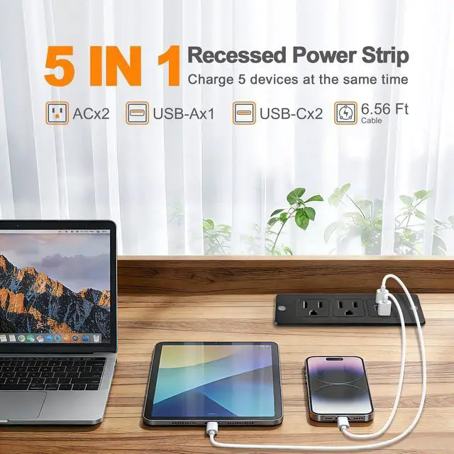 Alt view image 2 of 6 - USB C Recessed Power Strip Fast Charge 20W 2 Outlets 3 USB Ports ETL | Mountable Furniture Charging Station 2 USB-C & 1 USB-A Flat Plug 6.56Ft Extension Cord For Desk Table Cabinet Counter Drawer