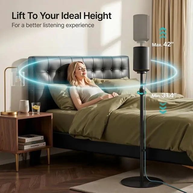 Alt view image 6 of 6 - Speaker Stands Pair for Sonos Era 100, 100 SL, 300, External Cable, Black | Only compatible with Sonos Era Series. External cable management with securing straps. 31.4"42" lockable height