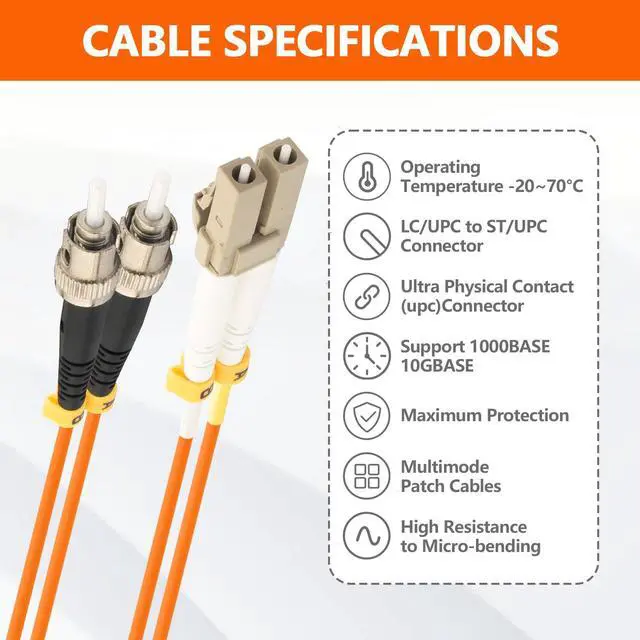 Alt view image 7 of 7 - 10FT LC to ST Fiber Optic Cable OM1 Multimode Optical Patch Cord | MM Duplex 62.5/125um Fiber Jumper, LSZH Orange for Server, Network Switch, Router, Networking Equipment -3M(10FT)