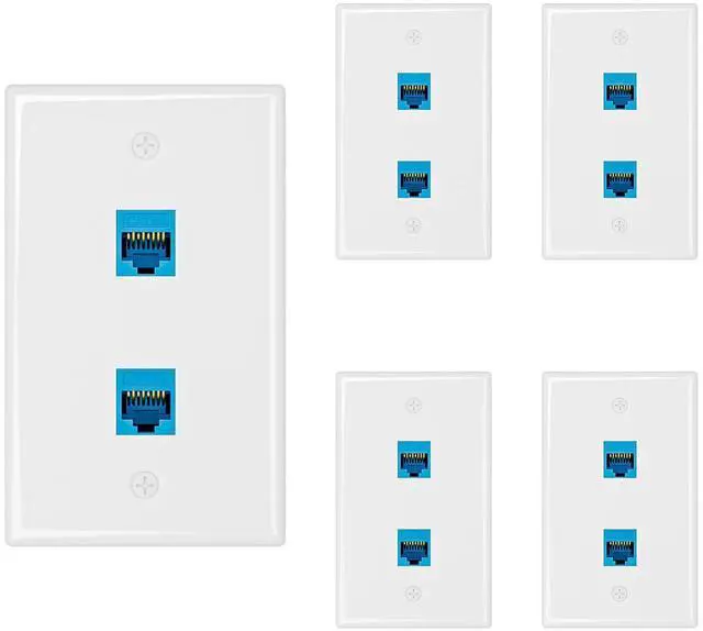 Main image of 5-Pack Cat6A Ethernet Wall Plate, 2-Port RJ45 Wall Plate, Blue | 2-Port Keystone Wall Plates with Cat 6A Coupler 10Gbit/s, Female to Female Cat6a Wall Plate, Cat6a/Cat6/5e, PoE