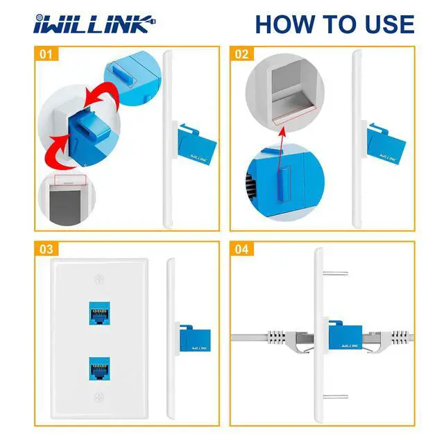 Alt view image 6 of 7 - 5-Pack Cat6A Ethernet Wall Plate, 2-Port RJ45 Wall Plate, Blue | 2-Port Keystone Wall Plates with Cat 6A Coupler 10Gbit/s, Female to Female Cat6a Wall Plate, Cat6a/Cat6/5e, PoE