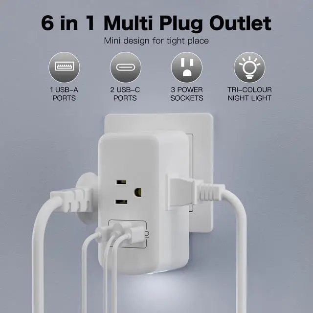 Alt view image 2 of 7 - Multi Plug Socket Extender with Night Light and USB Surge Protector, 3 USB Wall Chargers, Suitable for Wide spacing sockets for Travel, Home, and University Dormitories (White)