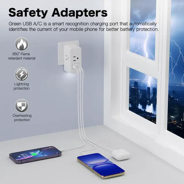 Alt view image 3 of 7 - Multi Plug Socket Extender with Night Light and USB Surge Protector, 3 USB Wall Chargers, Suitable for Wide spacing sockets for Travel, Home, and University Dormitories (White)