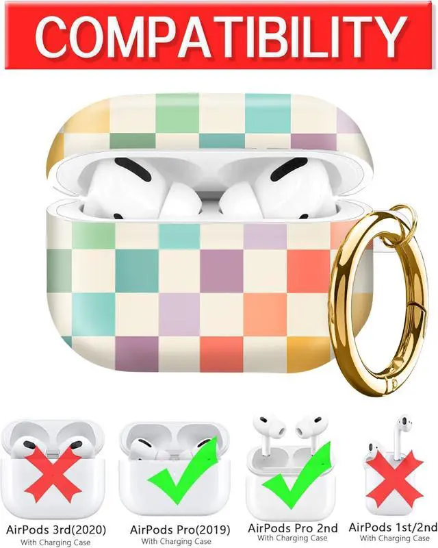 Alt view image 3 of 6 - Compatible with AirPod Pro Case 2nd/1st Gen (2023/2022/2019),Shockproof Protective Cover with Keychain for Women,Cute Charging Case for Airpod Pro 2/1(Vintage Rainbow Checkerboard)