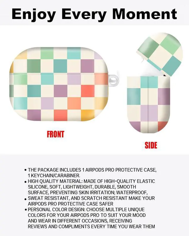 Alt view image 2 of 6 - Compatible with AirPod Pro Case 2nd/1st Gen (2023/2022/2019),Shockproof Protective Cover with Keychain for Women,Cute Charging Case for Airpod Pro 2/1(Vintage Rainbow Checkerboard)