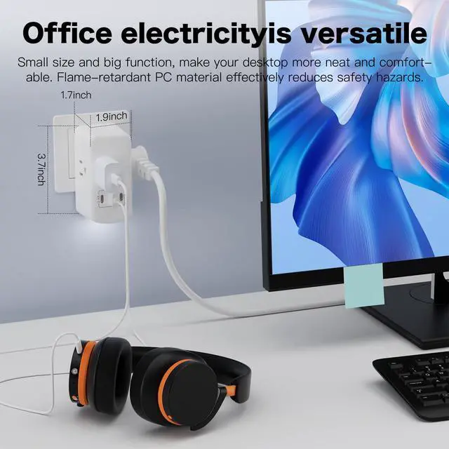Alt view image 7 of 7 - Multi Plug Socket Extender with Night Light and USB Surge Protector, 3 USB Wall Chargers, Suitable for Wide spacing sockets for Travel, Home, and University Dormitories (White)