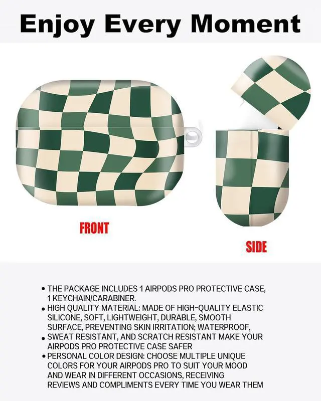 Alt view image 2 of 6 - Compatible with AirPod Pro Case 2nd/1st Gen (2023/2022/2019),Shockproof Protective Cover with Keychain for Women,Cute Charging Case for Airpod Pro 2/1(Green Checkered)