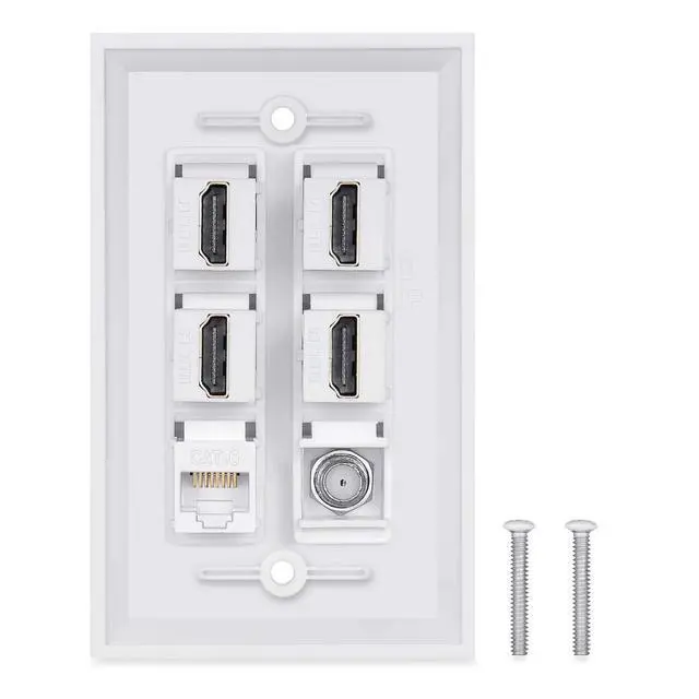 Alt view image 2 of 4 - HDMI Wall Plate 4Port, 1 Cat6 Ethernet, 1 Coax Cable TV F Type Port | HDMI 2.0 Coupler Insert Wallplate, Decorative Female to Female Faceplate, White