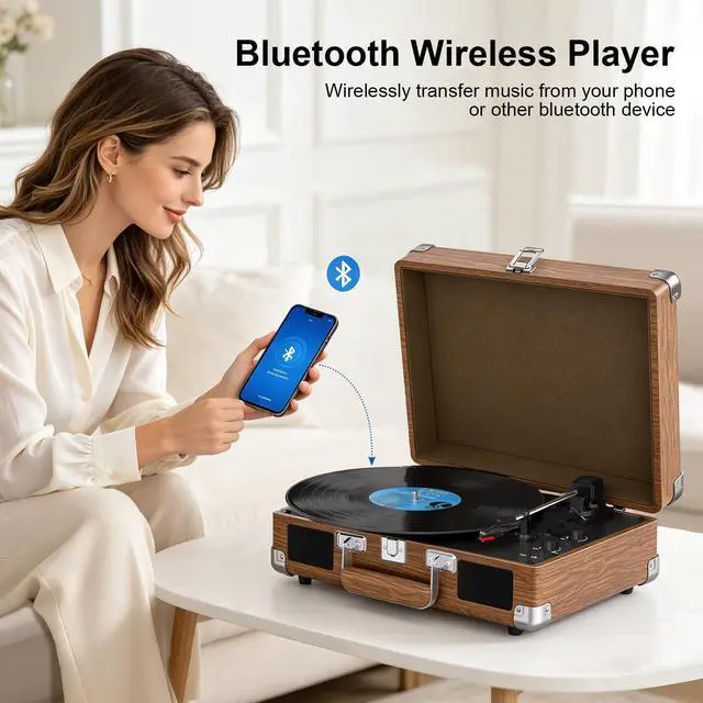 Alt view image 2 of 4 - Record Player with Built-in Speakers, Vintage Bluetooth Turntable 3 Speed Suitcase Vinyl Record Player with Bluetooth Input, Bass & Treble Control, Auto Stop, AUX in, RCA Out, Headphone Jack Rosewood