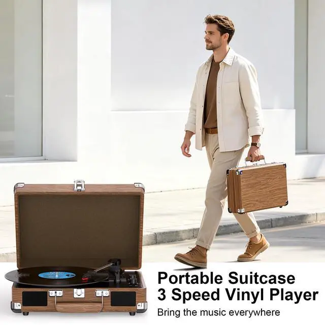 Alt view image 3 of 4 - Record Player with Built-in Speakers, Vintage Bluetooth Turntable 3 Speed Suitcase Vinyl Record Player with Bluetooth Input, Bass & Treble Control, Auto Stop, AUX in, RCA Out, Headphone Jack Rosewood